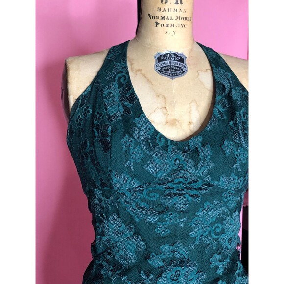 1990s JESSICA McCLINTOCK Green HALTER Criss Cross Maxi Dress W/LACE Overlay. S-M - Picture 4 of 10
